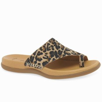 Beige Leopard Women's Gabor Lanzarote Printed Toe Loop Mules | YID-086273