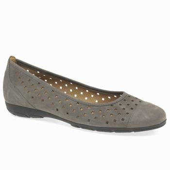 Grey Women's Gabor Ruffle Punched Detail Flat Shoes | LKA-341659