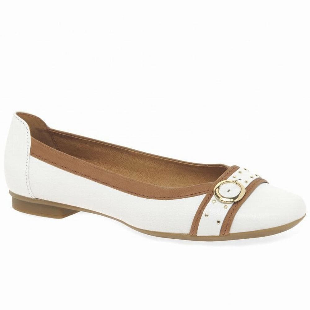 White / Brown Women\'s Gabor Michelle Casual Stud Buckle Ballet Flats | NOF-729105